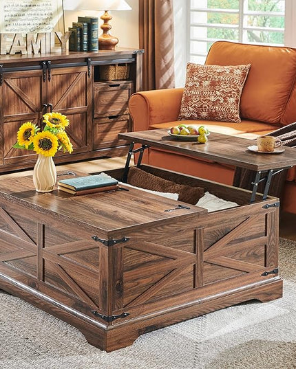 JXQTLINGMU Farmhouse Lift Top Coffee Table with Storage, 36" Wood Square Center Table with Large Hidden Compartment, Rustic Lift Tabletop Dining Table for Home Living Room, Brown