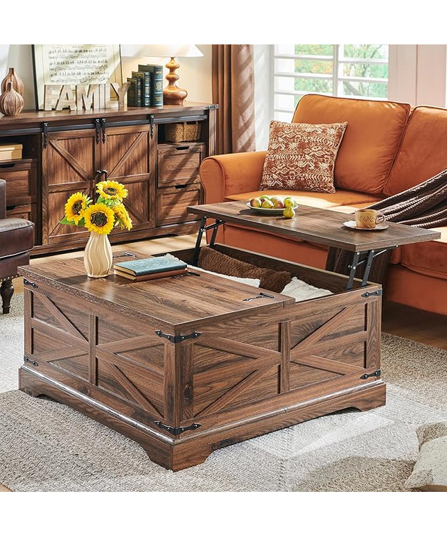 JXQTLINGMU Farmhouse Lift Top Coffee Table with Storage, 36" Wood Square Center Table with Large Hidden Compartment, Rustic Lift Tabletop Dining Table for Home Living Room, Brown