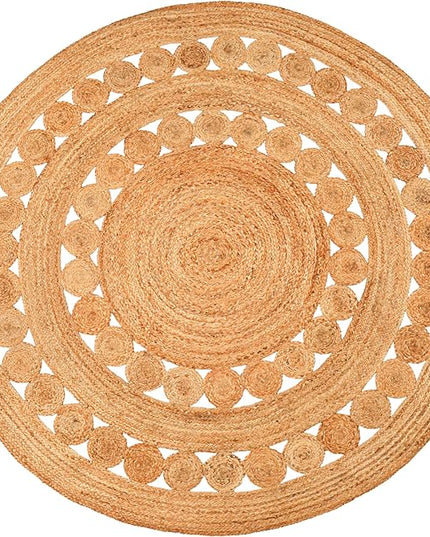 Hand Woven Jute Area Rug - 7' Round - Rustic Beige Reversible Farmhouse Rugs for Bedroom, Kitchen, Living Room - Vintage Natural Braided Entry Floor Décor Circle Boho Round Rugs 7ft