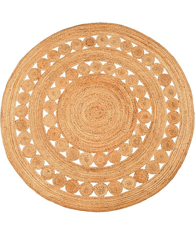 Hand Woven Jute Area Rug - 7' Round - Rustic Beige Reversible Farmhouse Rugs for Bedroom, Kitchen, Living Room - Vintage Natural Braided Entry Floor Décor Circle Boho Round Rugs 7ft