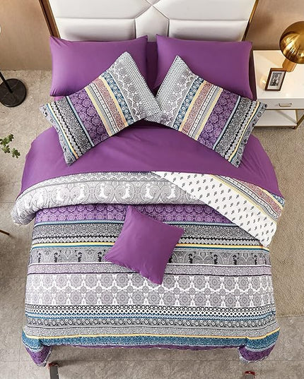 Cottolester Boho Comforter Set King Size 8 Piece Bed in a Bag Bohemian Striped Bedding Quilt Set Purple Paisley Floral Comforter and Sheet Set,Soft Microfiber Complete Bedding Sets for All Season