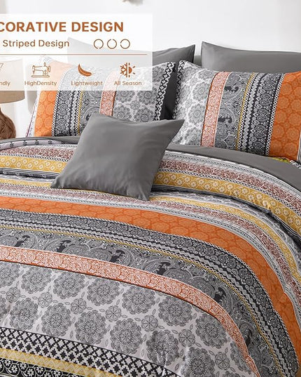 Cottolester Boho Comforter Set Queen Size,8 Pieces Orange Bohemian Striped Bed in a Bag,Paisley Soft Microfiber Bedding Comforter Set
