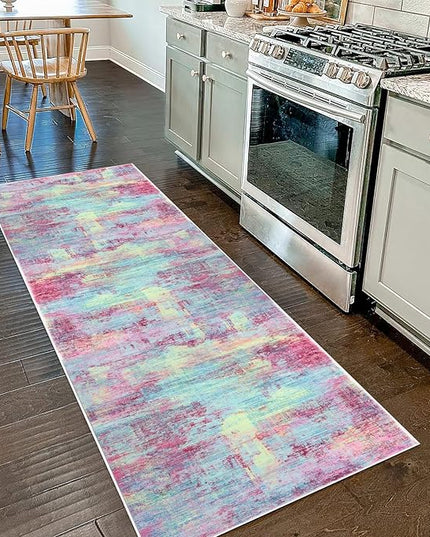 IOHOUZE Abstract Runner Rug 2x7 Ft Washable Runners for Hallways, Non Slip Kitchen Runner Printed Faux Wool Entryway Runners Indoor, Modern Abstract Floor Carpet for Hall Kitchen Bedroom, Pink Teal