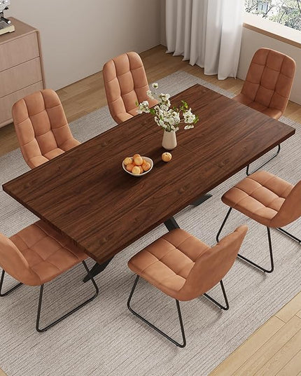 ZckyCine Modern 7-Piece Dining Table Set, 51''-67'' Extendable Walnut Wood Rectangular Table with Metal Legs and 6 PU Leather Chairs, Kitchen & Dining Room Furniture for 6, Easy Assembly