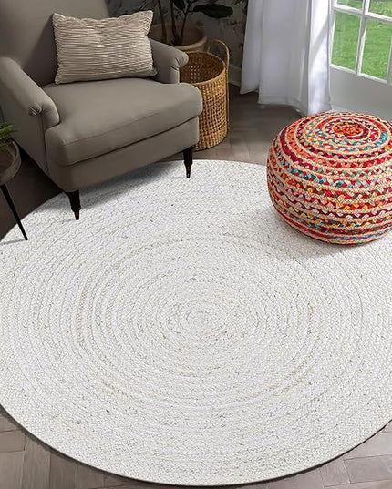 Hand Woven Jute Area Rug - 4' Round - Rustic White Reversible Farmhouse Rugs for Bedroom, Kitchen, Living Room - Vintage Natural Braided Entry Floor Décor Circle Boho 4ft Round Rug