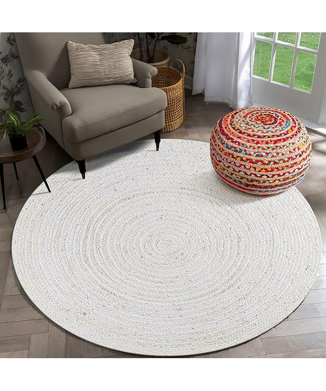Hand Woven Jute Area Rug - 4' Round - Rustic White Reversible Farmhouse Rugs for Bedroom, Kitchen, Living Room - Vintage Natural Braided Entry Floor Décor Circle Boho 4ft Round Rug