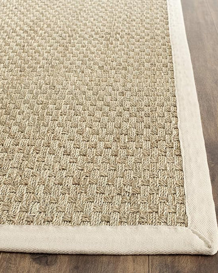 SAFAVIEH Area Rug 4' Square - Natural Fiber Collection - Natural & Ivory, Seagrass, Basketweave Pattern with Border (NF114J)
