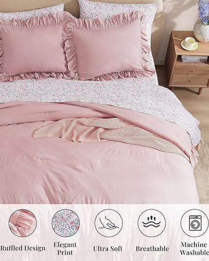 Queen Comforter Set - 7 Pieces Ruffle Soft Pink Bedding Sets, Shabby Chic Farmhouse Bed in a Bag Queen with Ruffle Comforter, Floral Sheets, Pillowcases & Shams