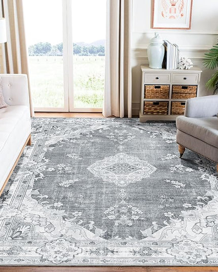 MUJOO Grey Rug 6'x9',Washable Area Rugs for Living Room Bedroom Dining Room, Large Boho Vintage Farmhouse Distressed Non Slip Carpet,Floral Flowers