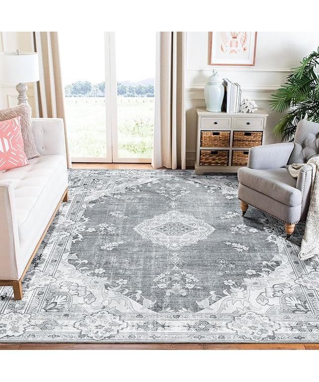 MUJOO Grey Rug 6'x9',Washable Area Rugs for Living Room Bedroom Dining Room, Large Boho Vintage Farmhouse Distressed Non Slip Carpet,Floral Flowers