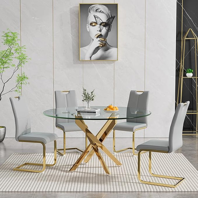 HomVent Round Glass Dining Table Set for 4, 5-Piece Modern Kitchen Table Set with 4 PU Upholstered Chair for Kitchen Dining Room, Glass Dining Room Table Set