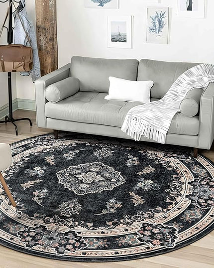 MUJOO Black Round Rug 6ft,Circle Washable Area Rugs for Bedroom Living Room Bathroom,Boho Large Vintage Bohemian Distressed Farmhouse Non Slip Circular Carpet,Floral