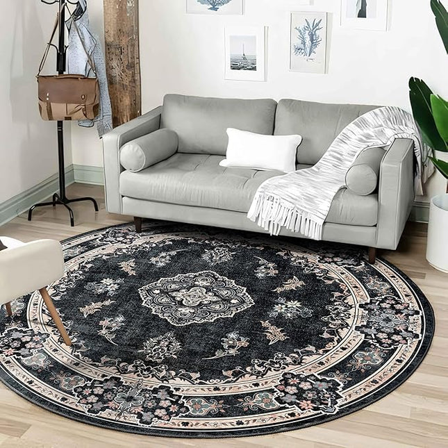 MUJOO Black Round Rug 6ft,Circle Washable Area Rugs for Bedroom Living Room Bathroom,Boho Large Vintage Bohemian Distressed Farmhouse Non Slip Circular Carpet,Floral