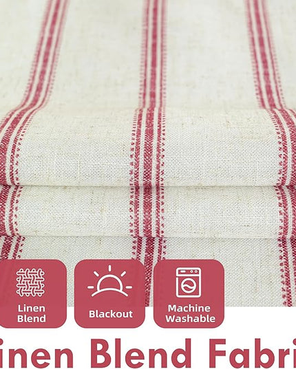 DriftAway Farmhouse Linen Blend Blackout Curtains 96 Inches Long for Bedroom Vertical Striped Printed Linen Curtains Thermal Insulated Lined Treatments for Living Room 2 Panels W52 x L96 Linen Red