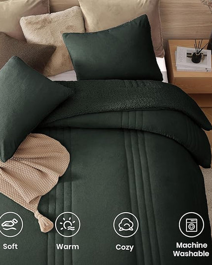 Monbix Fluffy Full Comforter Set Deep Forest, Sherpa Plush Fuzzy Comforter 3 Piece for Full Size Bed, Luxury Soft Winter Warm Bedding Set