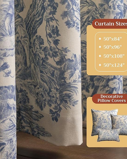 Maison d' Hermine Curtains for Living Room 100% Cotton 84 inch Length One Panel Light Filtering Toile Curtains for Bedroom Windows with Rod and Loop Pockets Drapes (The Miller Blue, 50" W x 84" L)