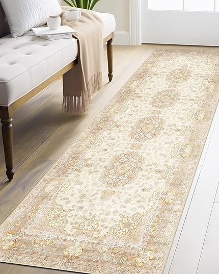 Washable Runner Rug 2'x8',Boho Rug Runners Non Slip,Long Rugs for Hallways Kitchen Bathroom Bedroom Entryway,Vintage Bohemian Distressed Floor Carpet,Beige Gold Floral