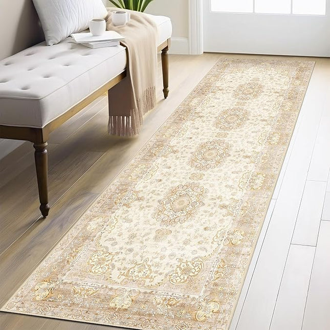 Washable Runner Rug 2'x8',Boho Rug Runners Non Slip,Long Rugs for Hallways Kitchen Bathroom Bedroom Entryway,Vintage Bohemian Distressed Floor Carpet,Beige Gold Floral