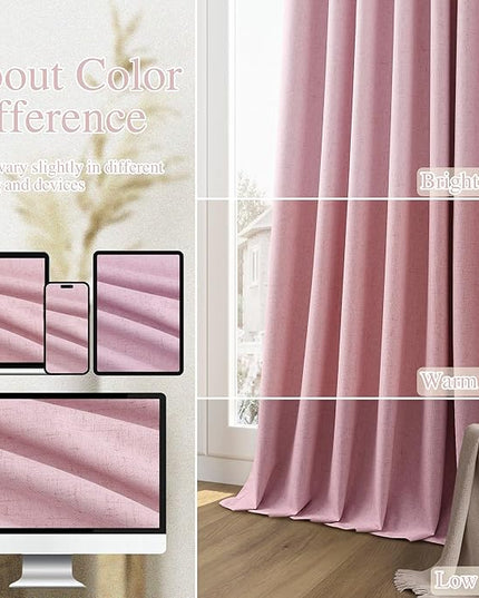 Guken 100% Blackout Curtains 108 Inch Length 2 Panels Set for Living Room Bedroom Back Tab Thermal Insulated Black Out Linen Drapes Room Darkening Rose,52x108