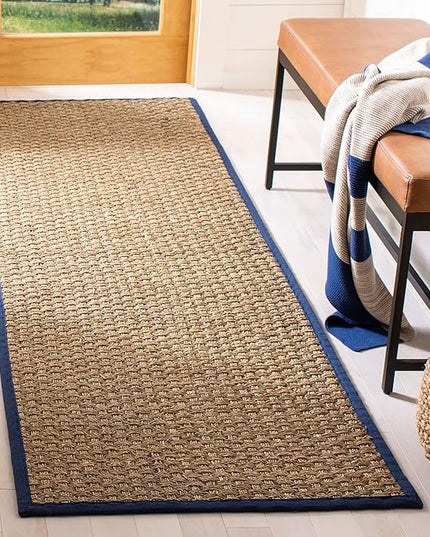 Safavieh Natural Fiber Collection Runner Rug - 2'6" x 20', Natural & Blue, Seagrass, Basketweave Pattern with Border (NF114E)