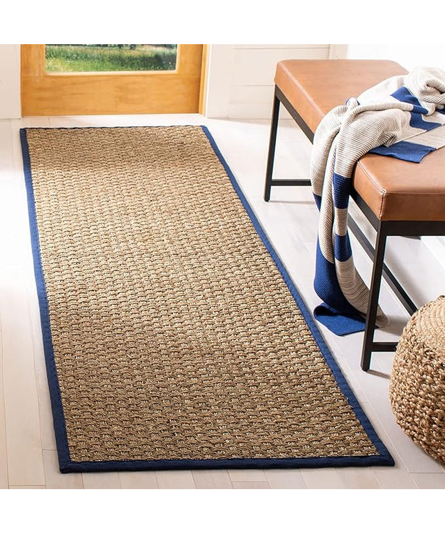 Safavieh Natural Fiber Collection Runner Rug - 2'6" x 18', Natural & Blue, Seagrass, Basketweave Pattern with Border (NF114E)