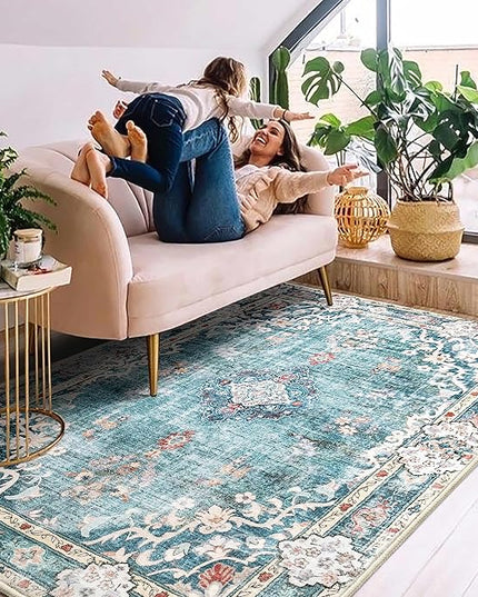 MUJOO Boho Rug 4'x6.5' Area Rugs for Bedroom Living Room Dining Room Teal Small Machine Washable Non Slip Carpet for Office Dorm Bedside Kitchen Laundry Room Accent Soft Blue Floral