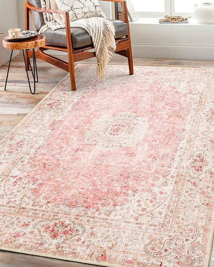Pink Rug 3x5,Washable Area Rugs for Bedroom Living Room Kitchen Entryway,Small Boho Vintage Bohemian Distressed Non Slip Carpet,Blush