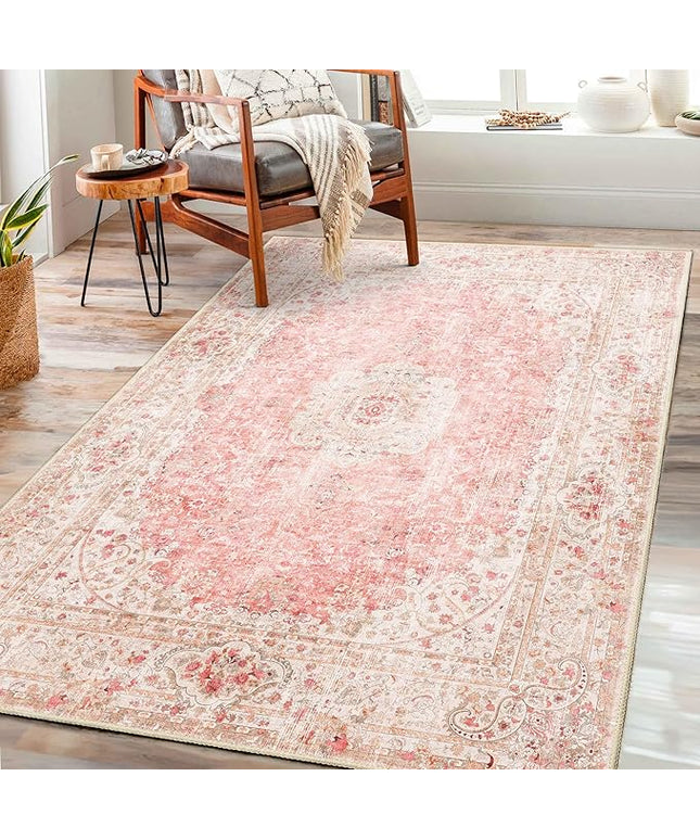 Pink Rug 3x5,Washable Area Rugs for Bedroom Living Room Kitchen Entryway,Small Boho Vintage Bohemian Distressed Non Slip Carpet,Blush