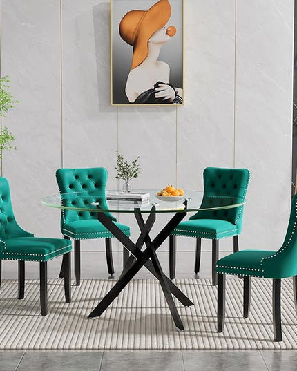 HomVent 5 Piece Round Glass Dining Table Set, Tempered Glass Dinner Table Set for 4 Kitchen Table Set with 4 Velvet Upholstered Chairs for Kitchen Dining Room