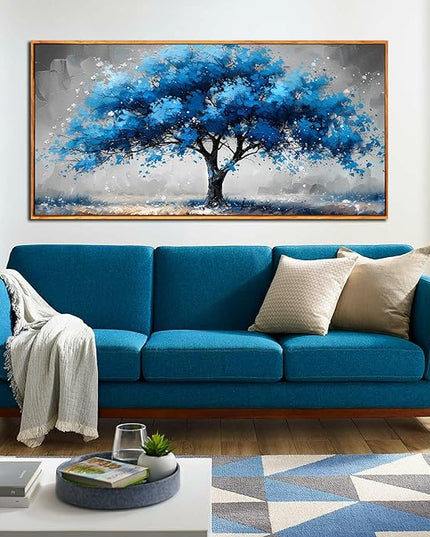 Ouzzlie Tree Wall Decor Light Blue Wall Art for Living Room Gray Painting Large Artwork 29" x 59"