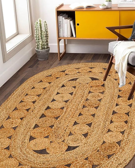 Hand Woven Jute Area Rug - 4' x 6' Feet - Rustic Beige Reversible Oval Rugs for Bedroom, Kitchen, Living Room - Vintage Natural Braided Entry Floor Décor Boho Oval Area Rugs 4x6 Feet