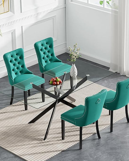 Modern 5-Piece Glass Dining Table Set for 4, Modern 60" Rectangle Black Glass Dining Room Table Set with Green Velvet Tufted Chairs Wood Legs for Kitchen Dining Room