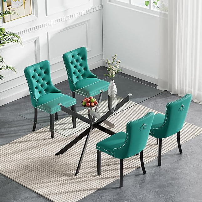 Modern 5-Piece Glass Dining Table Set for 4, Modern 60" Rectangle Black Glass Dining Room Table Set with Green Velvet Tufted Chairs Wood Legs for Kitchen Dining Room