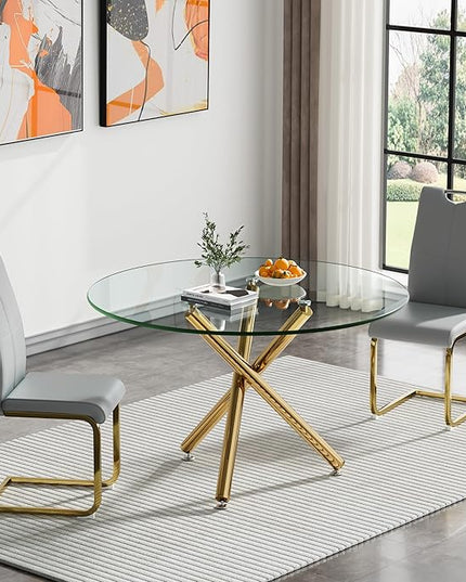 HomVent Round Glass Dining Table Set for 2, 3-Piece Modern Kitchen Table Set with 2 PU Upholstered Chair for Kitchen Dining Room, Glass Dining Room Table Set