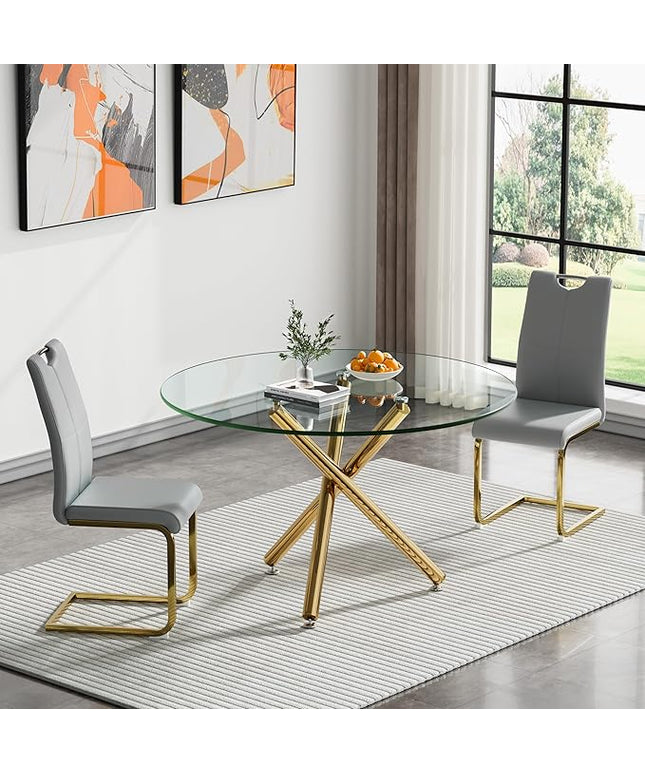 HomVent Round Glass Dining Table Set for 2, 3-Piece Modern Kitchen Table Set with 2 PU Upholstered Chair for Kitchen Dining Room, Glass Dining Room Table Set