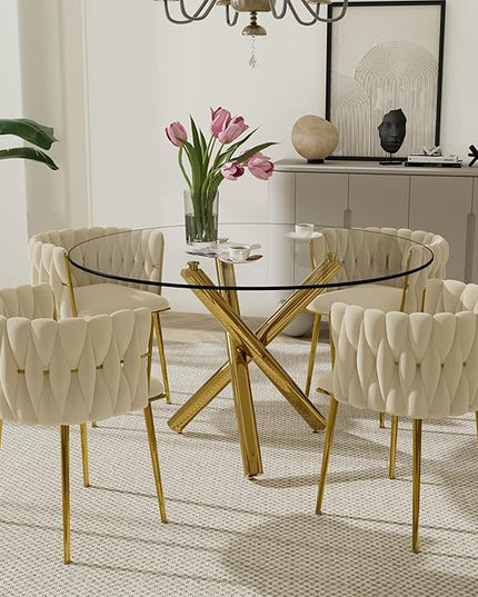 Modern Luxury Round Glass Dining Table Set, 5 PCS Minimalist Circle Dining Room Table Set for 4, 47'' Clear Circular Kitchen Table and Chairs Set of 4, Beige Woven Chair, for Home (Golden)