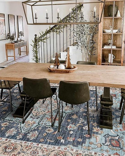 Washable Oriental Area Rug - 8x10 Rugs for Living Room Soft Carpet for Bedroom Waterproof Floral Distressed Indoor Stain Resistant Non-Shedding Floor Carpets (Blue/Teal/Orange, 8x10)