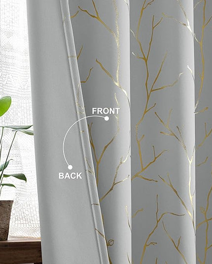 BUHUA Blackout Curtains 72 Inches Long, Gold Foil Print Pattern Room Darkening Curtain, Living Room Curtains & Drapes, Thermal Insulated Window Panel Set, 52 x 72 Inch, Silver