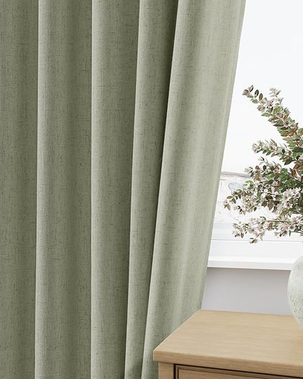 Guken Sage Green Linen Blackout Curtains 126 Inch Length 2 Panels Set for Living Room Bedroom Back Tab Thermal Insulated 100% Black Out Linen Drapes Room Darkening Window Curtains 126 Inches Long