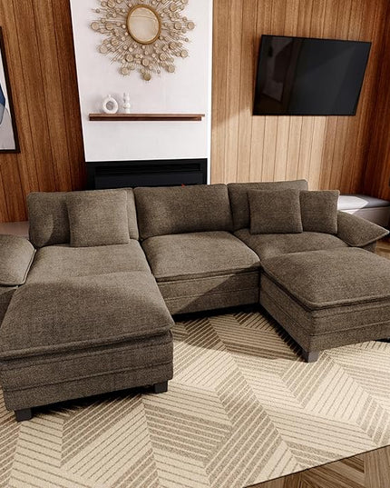 123-Inch U Shaped Sectional Sofa with Cloud Cushions, Deep Seat Modular Couch Set w/ 5 Seats & 2 Ottomans, Removable Arms, Plush Chenille Upholstery for Living Room, Apartment - Taupe