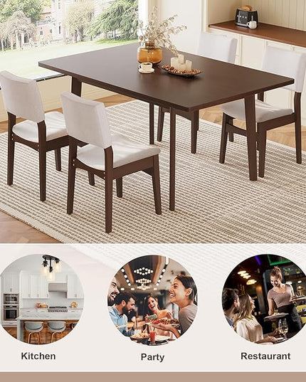 5-Piece Dining Set Modern Dinner Table Set for 4, Wood Dining Table with 4 Upholstered Chairs, 60" Rectangular Table with Stackable Chairs Padded Seat Backrest for Dining Room Kitchen Apartment,Walnut