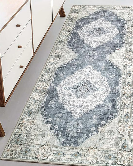 MUJOO Hallway Runner Rug Machine Washable Runner Rugs Non Slip Boho Blue Grey Runner Rug for Hallways Entryway Kitchen Bathroom Bedside Retro Soft Low-Pile 2'x6' Blossom