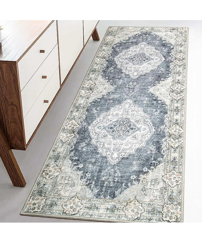 MUJOO Hallway Runner Rug Machine Washable Runner Rugs Non Slip Boho Blue Grey Runner Rug for Hallways Entryway Kitchen Bathroom Bedside Retro Soft Low-Pile 2'x6' Blossom