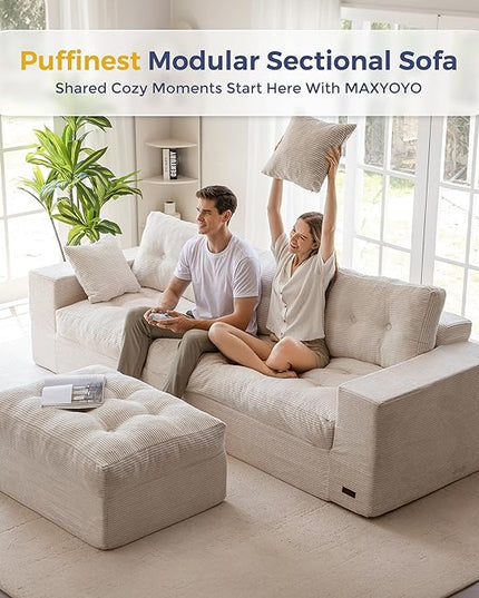 MAXYOYO 104" L Shaped Modular Sectional Sofa with Ottoman, Cloud Boneless Couch with Layered Cushion, Upholstered Sofa in a Box, Flexible Module Combination for Living Room, No Assembly, Beige