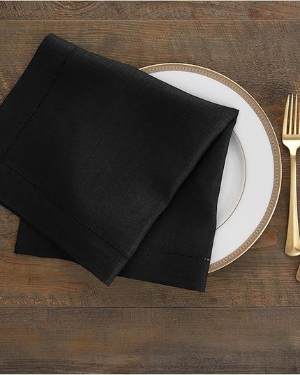 Solino Home Black Linen Napkins Set of 4-100% Pure Linen Hemstitch Dinner Napkins 20 x 20 Inch for Winter, Christmas, Holiday, New Year - Classic Hemstitch