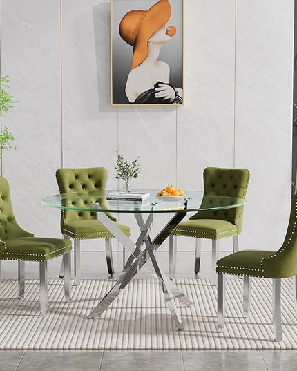 Round Glass Dining Table Set for 4, 47'' Clear Circular Kitchen Table and Chairs Set, 5PCS Modern Circle Dining Room Table Set with 4 Velvet Dining Chair for Home