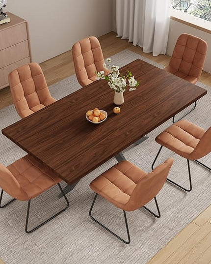 ZckyCine Expandable Dining Table Set for 6-8 People, Modern Rectangular Kitchen Table, 63"-79" Extendable, Walnut Finish, Metal Frame, 6 PU Leather Cushioned Chairs, Easy Assembly
