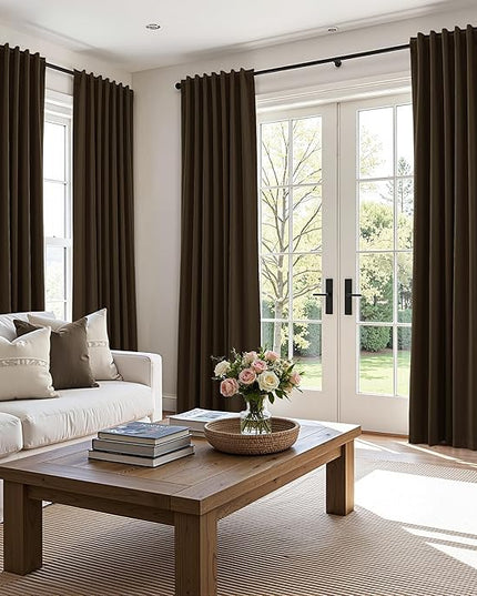 Guken 100% Blackout Curtains 84 Inch Length 2 Panels Set for Living Room Bedroom Back Tab Thermal Insulated Black Out Linen Drapes Room Darkening Chocolate,52x84
