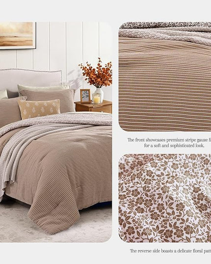 Full Comforter Set - 7 Pieces Dark Brown Gauze Muslin Bedding Sets for All Seasons, Lightweight Breathable Bed in a Bag Full with Revesible Farmhouse Comforter, Sheets, Pillowcases & Shams