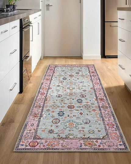 GLN Rugs Traditional Collection - Machine Washable Area Rug, Traditional Washable, Non Slip, Low Pile Chenille Rug, Living Room, Bedroom, Kitchen Rug (2'6"x10' Pink and Gray)